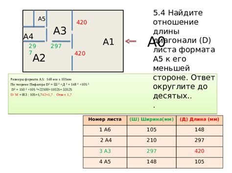 Пример расчета диагонали листа А4